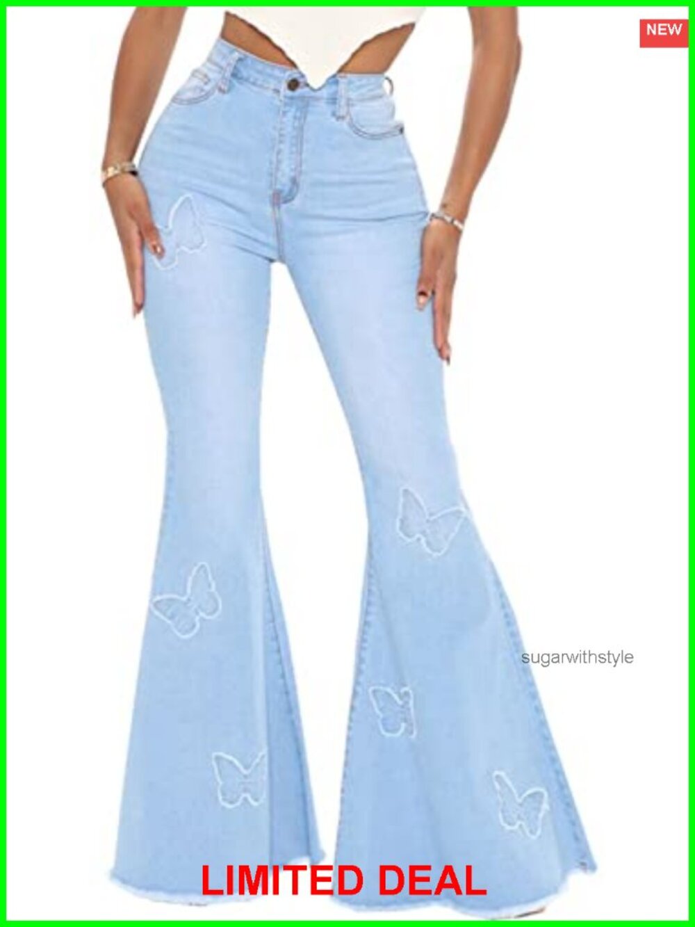 Women's Butterfly Embroidered Bell Bottom Flare Jeans High Waisted Raw Hem Denim